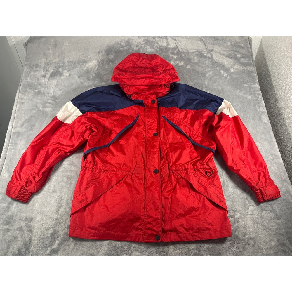Cabelas For Women Red Navy Colorblock Hooded Windbreaker Jacket Large 7897